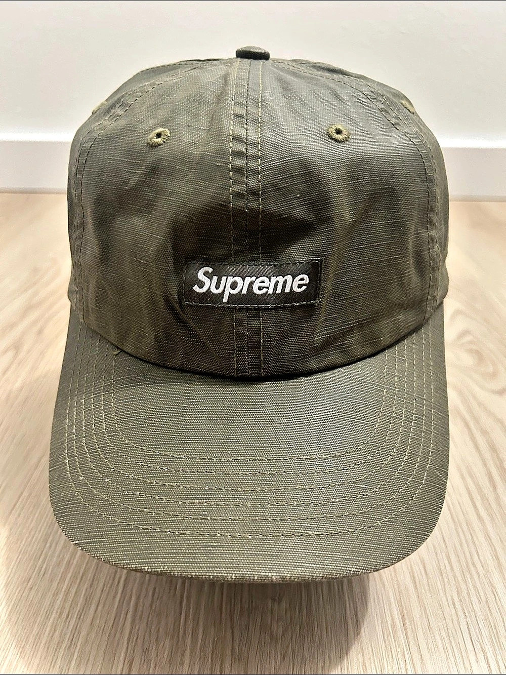 Supreme box logo Waxed/Ripstop Olive/White strapback hat